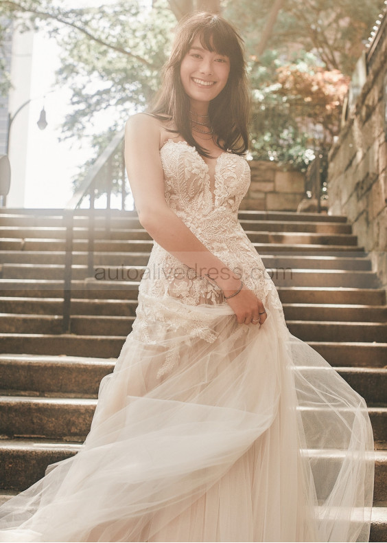 Strapless Beaded Ivory Lace Tulle Wedding Dress With Buttons